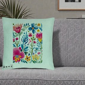 Perna Decorativa Gradina Florala Acuarela Colorata, 40x40 cm, Verde Menta, Husa Detasabila, Perna Inclusa, BEKZ®