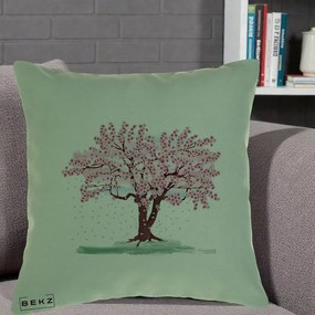 Perna Decorativa Cires Inflorit Acuarela, 40x40 cm, Verde, Husa Detasabila, Perna Inclusa, BEKZ®