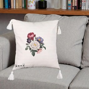 Perna Decorativa Buchet Trandafiri Bujori Botanical, 40x40 cm, Bej cu Franjuri, Husa Detasabila, Perna Inclusa, BEKZ®