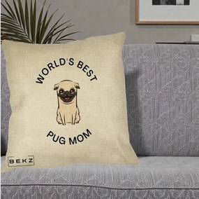 Cadou pentru Iubitorii de Caini - Perna Personalizata World's Best Pug Mom, 40x40 cm, Crem, Husa Detasabila, Perna Inclusa, BEKZ®