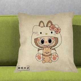 Perna Personalizata Labubu x Hello Kitty, 40x40 cm, Crem, Husa Detasabila, Perna Inclusa, BEKZ®