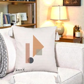 Perna Decorativa Geometric Bauhaus Triunghi, 40x40 cm, Bej cu Franjuri, Husa Detasabila, Perna Inclusa, BEKZ®