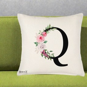 Cadou Personalizat - Perna Personalizata Monograma Florala Litera Q, 40x40 cm, Crem Reliefat, Husa Detasabila, Perna Inclusa, BEKZ®