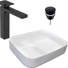 Pachet lavoar pe blat Rea Demi Slim alb 51 cm, baterie lavoar Hansgrohe Vernis Shape 190 negru si ventil lavoar Click-Clack negru