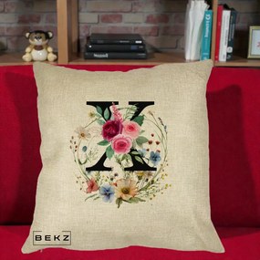 Cadou Personalizat - Perna Personalizata Monograma Florala Litera X cu Coroana, 40x40 cm, Crem, Husa Detasabila, Perna Inclusa, BEKZ®