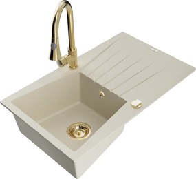 Mexen Cesar chiuvetă de granit cu 1 compartiment și picurător și baterie de bucătărie Elia, bej - 6514-69-670101-50