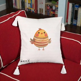 Perna Decorativa Pui Kawaii Portocaliu Dungi Calde, 40x40 cm, Bej cu Franjuri, Husa Detasabila, Perna Inclusa, BEKZ®