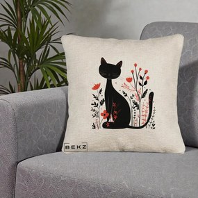 Perna Decorativa Pisica Neagra Flori Rosii Folk Minimal, 40x40 cm, Bej Canapea, Husa Detasabila, Perna Inclusa, BEKZ®