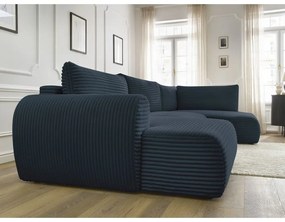 Colțar albastru închis extensibil/cu spațiu de depozitare cu tapițerie din catifea reiată (cu colț pe partea dreaptă/în formă de "U") Lucien – Bobochic Paris