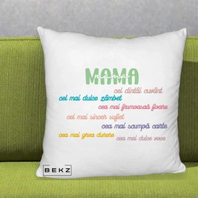 Cadou pentru Mama - Perna Personalizata Mama Cel Dintai Cuvant cu Text Colorat Multicolor, 40x40 cm, Alb Pufos, Husa Detasabila, Perna Inclusa, BEKZ®