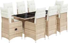 vidaXL Set bistro de grădină, 9 piese, cu perne, bej, poliratan