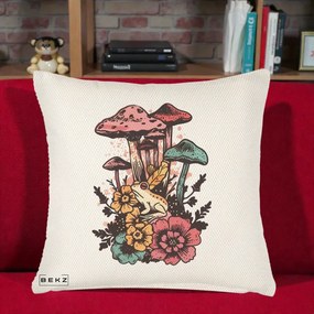 Perna Decorativa Ciuperci si Broaste Boho, 40x40 cm, Crem Reliefat, Husa Detasabila, Perna Inclusa, BEKZ®