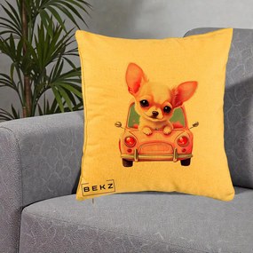 Perna Decorativa Chihuahua Roz in Masinuta, 40x40 cm, Galben, Husa Detasabila, Perna Inclusa, BEKZ®