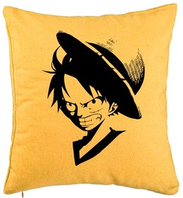 Perna Decorativa cu One piece Luffy Black, 40x40 cm, Galben, Husa Detasabila, Burduf