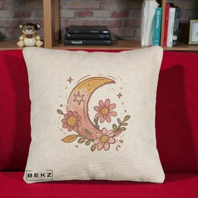 Perna Decorativa Luna Florala Boho, 40x40 cm, Bej Canapea, Husa Detasabila, Perna Inclusa, BEKZ®