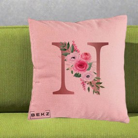 Cadou Personalizat - Perna Personalizata Monograma Rose Gold Litera N, 40x40 cm, Roz, Husa Detasabila, Perna Inclusa, BEKZ®
