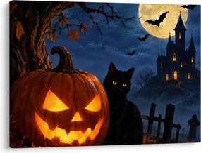Tablou - Pisică neagră lângă un dovleac luminat de Halloween (70x50 cm)