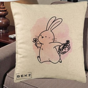 Perna Decorativa Iepuras Kawaii cu Cosulet Floral, 40x40 cm, Bej, Husa Detasabila, Perna Inclusa, BEKZ®