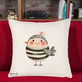 Perna Decorativa Pui Kawaii Teal cu Flori, 40x40 cm, Crem Reliefat, Husa Detasabila, Perna Inclusa, BEKZ®
