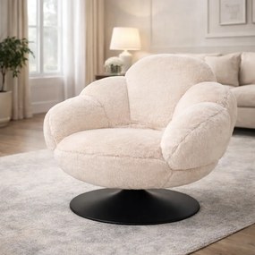 Fotoliu de relaxare rotativ 360° tip Lounge, tapițerie Mink Cashmere, bază metalică neagră Ø60 cm, Beige, 96x93x78 cm