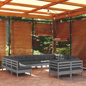 3097261 vidaXL Set mobilier grădină cu perne, 11 piese, gri, lemn masiv de pin