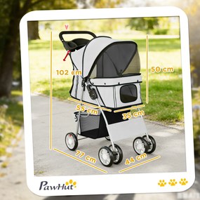 PawHut Cărucior pentru Câini Pliabil cu Husă de Ploaie, Roți Rotative și Pernuță Lavabilă, 77x44x102cm, Gri | Aosom Romania