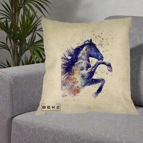 Perna Decorativa Cal Albastru Acuarela, 40x40 cm, Crem, Husa Detasabila, Perna Inclusa, BEKZ®