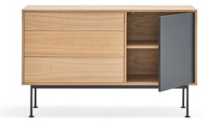 Comodă cu aspect de lemn de stejar Teulat Yoko, lățime 128 cm, gri antracit