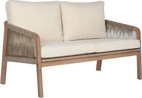Set lounge exterior premium din lemn de acacia cu frânghie împletită, canapea, 2 fotolii și măsuță cu perne din stofă, „Capri”