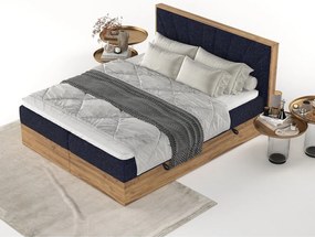Pat boxspring albastru închis/în culoare naturală cu spațiu de depozitare 140x200 cm Asahi – Maison de Rêve