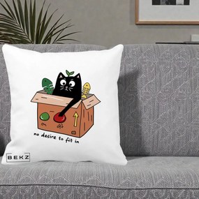 Perna Decorativa Pisica in Cutie No Desire to Fit In, 40x40 cm, Alba Mata, Husa Detasabila, Perna Inclusa, BEKZ®