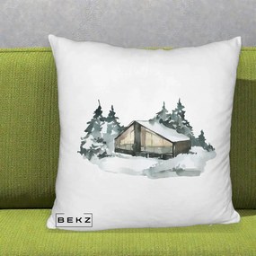 Perna Decorativa Cabana de Iarna in Padure, 40x40 cm, Alb Pufos, Husa Detasabila, Perna Inclusa, BEKZ®