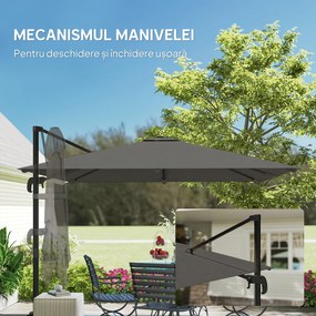 Outsunny Umbrelă de Grădină Decentralizată cu Manivelă 3x3m, Înclinabilă, Rotativă 360°, Umbrelă de Exterior Pătrată cu Bază Cruce, din Aluminiu, pentru Terasă sau Piscină, UV30+, Gri Închis | Aosom Romania