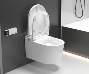 Smart WC G02 – Vas de Toaletă Inteligent Suspendat cu deschidere automată, sterilizare UV, capac încălzit, uscare cu aer cald, afișaj LED, evacuare P-Trap, Alb