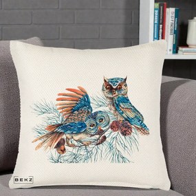 Perna Decorativa Bufnite de Iarna Albastre, 40x40 cm, Crem Reliefat, Husa Detasabila, Perna Inclusa, BEKZ®
