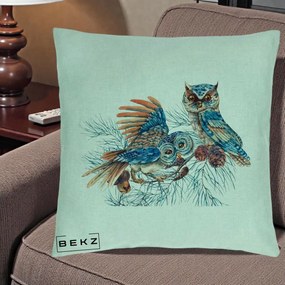 Perna Decorativa Bufnite de Iarna Albastre, 40x40 cm, Verde Menta, Husa Detasabila, Perna Inclusa, BEKZ®