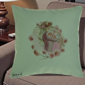 Perna Decorativa Femeie cu Flori Roz Acuarela, 40x40 cm, Verde, Husa Detasabila, Perna Inclusa, BEKZ®
