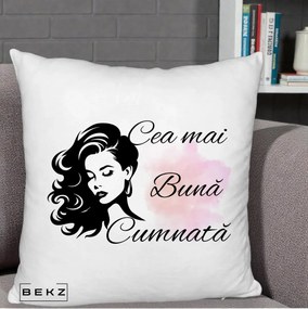 Cadou pentru Cumnata - Perna Personalizata Cea mai Buna Cumnata cu Silueta Dama si Pete Roz, 40x40 cm, Alb Pufos, Husa Detasabila, Perna Inclusa, BEKZ®