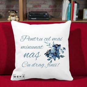 Cadou pentru Nas - Perna Personalizata Pentru Cel mai Minunat Nas Cu drag Finii, 40x40 cm, Alba Mata, Husa Detasabila, Perna Inclusa, BEKZ®