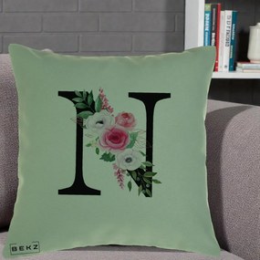 Cadou Personalizat - Perna Personalizata Monograma Florala Litera N, 40x40 cm, Verde, Husa Detasabila, Perna Inclusa, BEKZ®