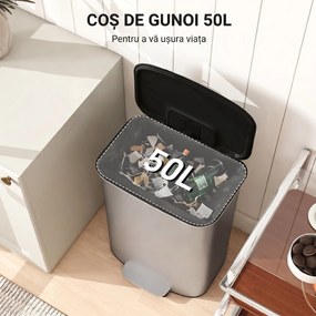 HOMCOM Coș de Gunoi cu Pedală de 50L cu Capac Amortizat, Deschidere la 90° și Găleată Detașabilă, Oțel Inoxidabil, Gri | Aosom Romania