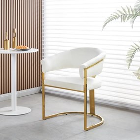 Scaun dining, cadru metalic auriu, tapiterie catifea, Alb