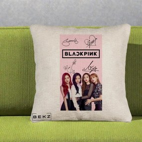 Perna Personalizata K-pop BLACKPINK Semnaturi si Foto, 40x40 cm, Bej Canapea, Husa Detasabila, Perna Inclusa, BEKZ®