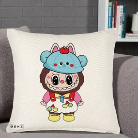 Perna Personalizata Labubu x Urs Albastru Colorat, 40x40 cm, Crem Reliefat, Husa Detasabila, Perna Inclusa, BEKZ®