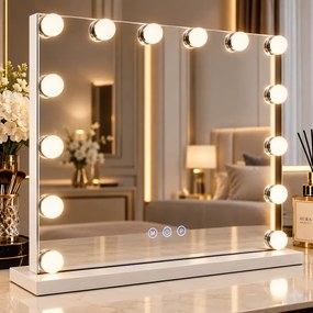 Oglindă cosmetică, 14 becuri LED, sistem iluminare LED cu 3 culori, Luminozitate reglabilă, Senzor Tactil, Port încărcare USB, Oglindă de mărire 10X, Alb, 80x65 cm