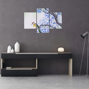 Tablou - Pasăre pe un copac cu flori albastre (90x60 cm)