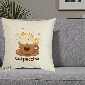 Perna Decorativa Catpuccino Pisica Cappuccino, 40x40 cm, Ecru, Husa Detasabila, Perna Inclusa, BEKZ®