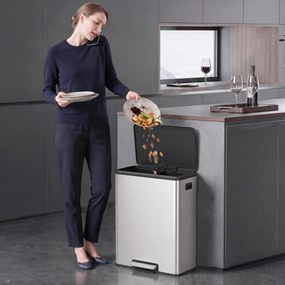 HOMCOM Coș de bucătărie 2 x 30 L, cu pedală, din oțel inoxidabil, găleți detașabile și capac soft-close, argintiu | Aosom Romania