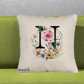 Cadou Personalizat - Perna Personalizata Monogram Litera N cu Flori Acuarela, 40x40 cm, Bej Canapea, Husa Detasabila, Perna Inclusa, BEKZ®