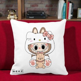 Perna Personalizata Labubu x Hello Kitty, 40x40 cm, Alba Mata, Husa Detasabila, Perna Inclusa, BEKZ®